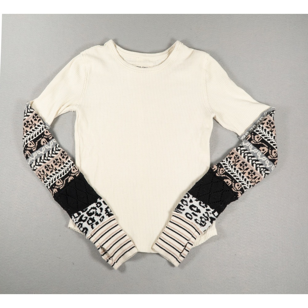 We The Free Womens Thermal Top Mixed Media Leopard Sleeve Cream Size S Boho